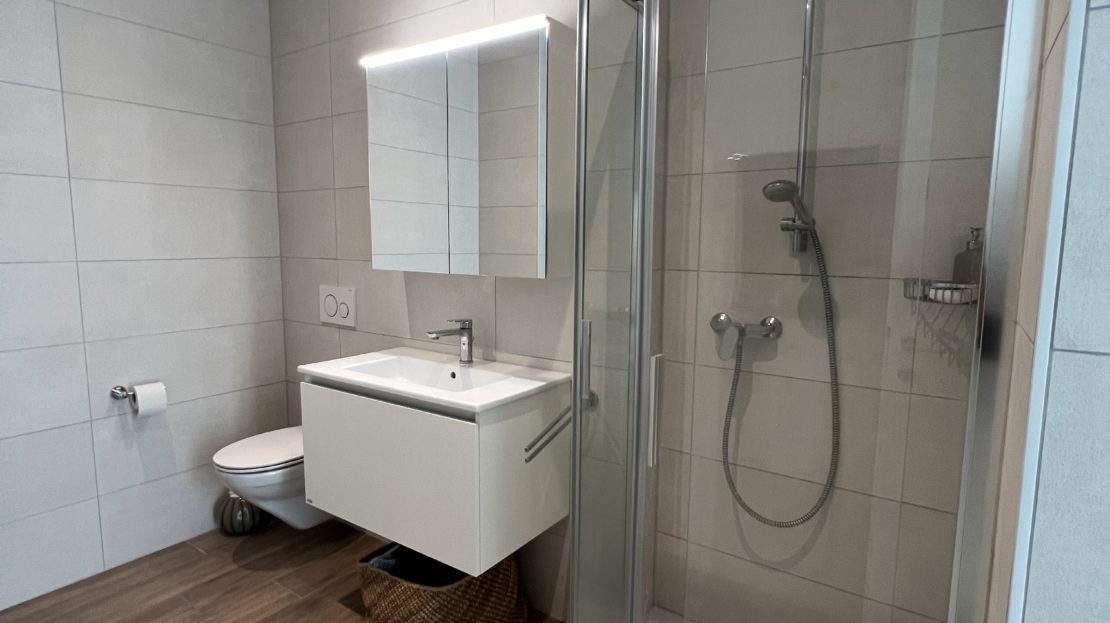 Modernes Bad mit Dusche und Waschplatz